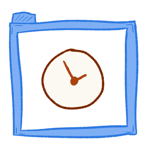 A clock inside of a transparent blue folder.